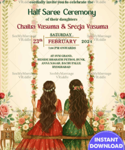 Two Sisters Half Saree Ceremony Invitation Featuring Floral Swing In Cream BG