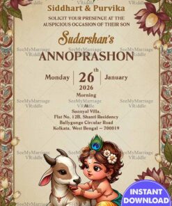 Little Krishna Annoprashon Invitation Card with Calf Illustration and Lotus Floral Frame