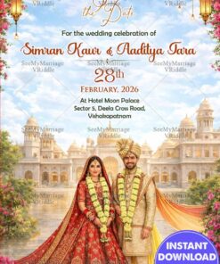 Royal Palace Save the Date Wedding Card with Floral Canopy, Heritage Architecture & Regal Indian Couple Illustration