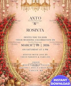 Pastel Wedding Invitation with Floral Archway, Golden Chandeliers & Romantic Rose Decoration