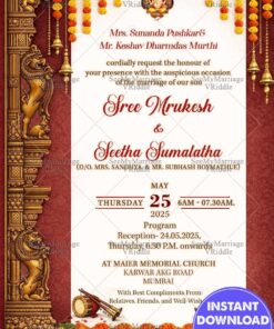 South Indian Wedding Invitation with Ornate Temple Pillars, Marigold Toran & Classic Red-Gold Elegance
