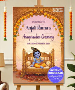 Little Krishna Annaprashan Invitation with Ornate Golden Arch, Floral Garlands & Divine Swing Illustration