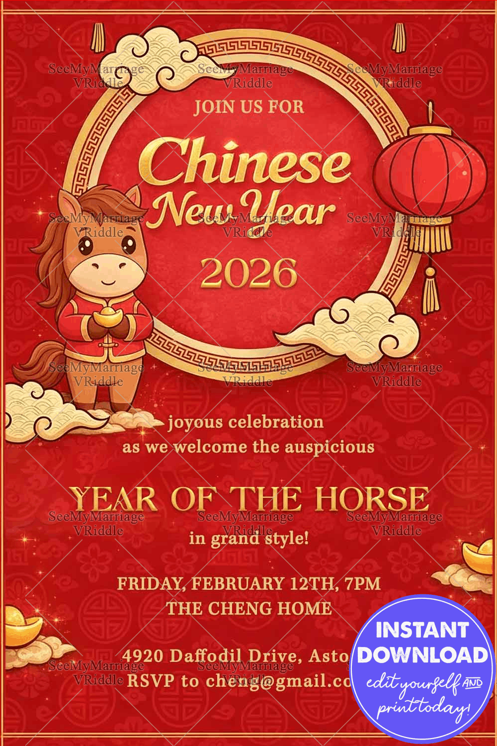 Cartoon Horse Chinese New Year 2026 Invitation with Red Lanterns, Golden Clouds & Festive Frame