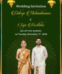 Kerala Wedding Invitation Video with Add Photo, Traditional Couple Portrait and Green Background