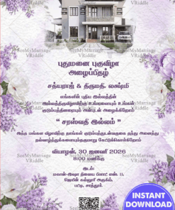 Lavender Tamil Housewarming Invitation Card with Modern Home Add Image Option and Soft Floral Frame