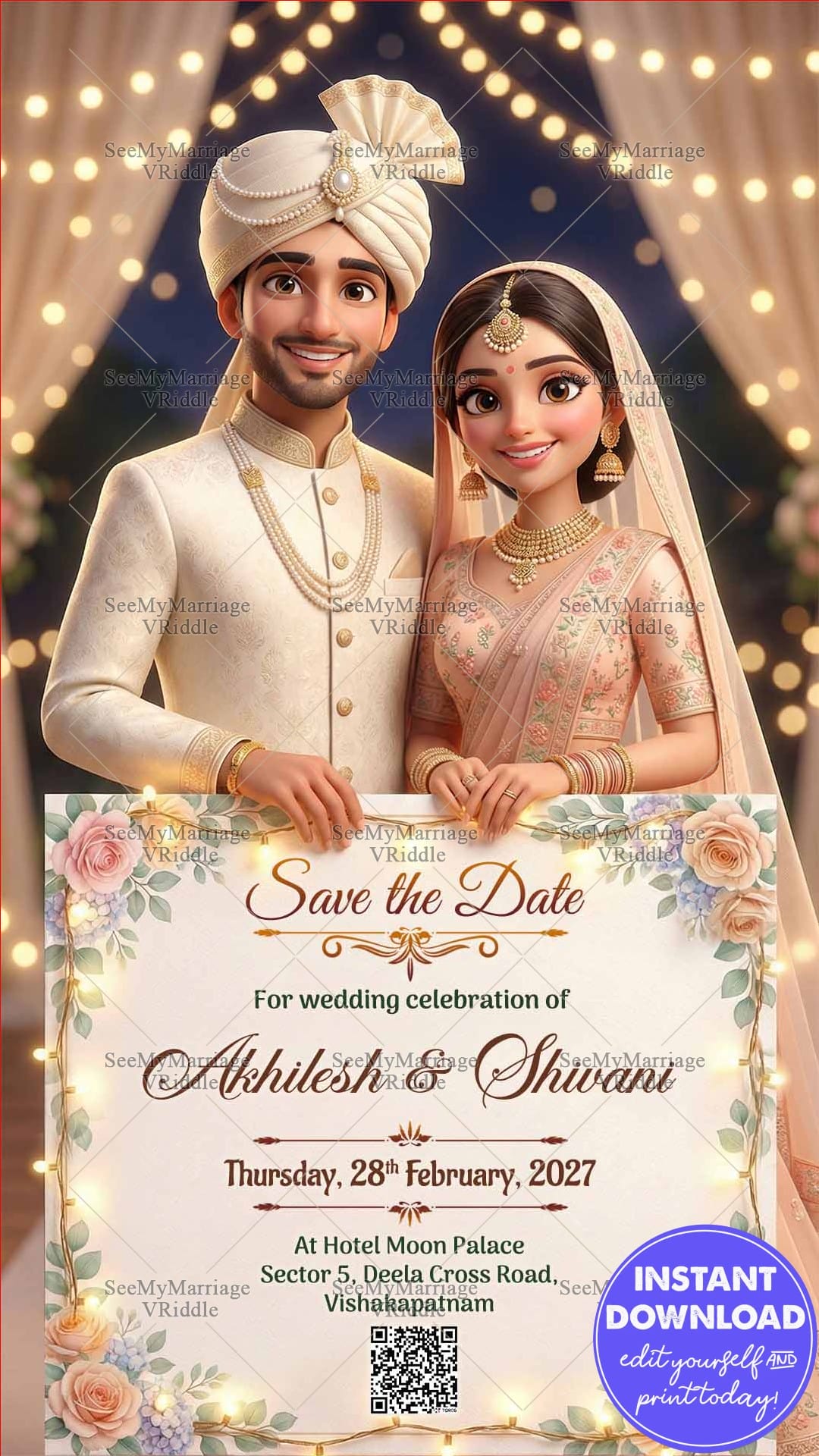 Smiling Couple Save the Date Wedding Invitation Card with Holding a Floral-Framed Announcement Board Adorned - Image 2