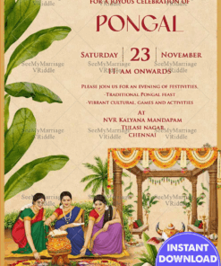 Traditional Pongal Invitation with Banana Leaf Borders, Boiling Pongal Pot Ritual, Sacred Cow Motif & Cultural Courtyard Scene
