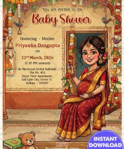 Graceful Bengali Shad Invitation Card with Decorated Swing, Mom-to-Be Artwork & Festive Traditional Ambience