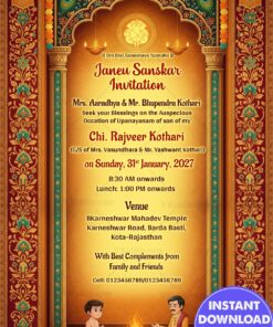 Royal Jain–Hindu Janeu Sanskar Invitation with Grand Temple-Style Arch, Ornate Floral Borders and Sacred Homa Ceremony Illustration