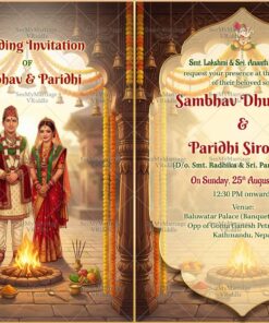 Two Leaf Nepali Wedding Invitation Card with Grand Temple Pillar Arches, Marigold Garlands and Couple Illustration