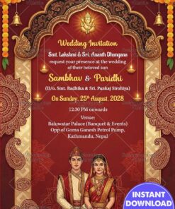 Royal Indian Nepali Wedding Invitation with Maroon–Gold Palette, Ornate Mandala Borders and Traditional Couple Illustration