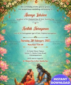 Lord Shiva Shiva–Parvati Wedding Invitation with Floral Garlands, Lotus Motifs & Temple Elegance