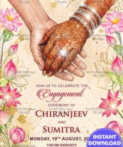 Hand-Holding Illustration Engagement Invitation with Floral Lotus Borders and Soft Pastel Indian Aesthetic