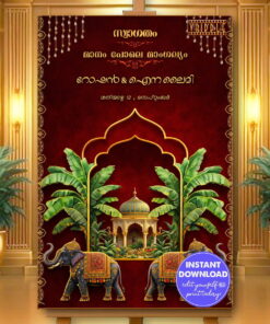 Royal Kerala Wedding Invitation with Golden Arch, Temple Pavilion, Banana Leaves & Majestic Elephants
