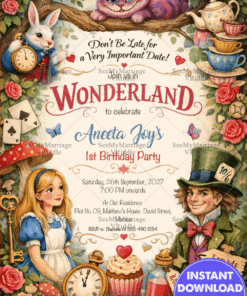 Alice in Wonderland Vintage Storybook Birthday Invitation with Tea Party, Clock Rabbit & Whimsical Characters