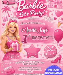 Barbie Pink Birthday Invitation with Princess Icons, Gift Motifs & Glam Party Vibes