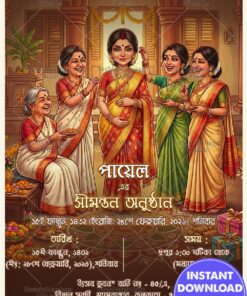 Bengali Shaad Invitation Showcasing a Radiant Mom-to-Be Surrounded by Loving Family, Ritual Blessings