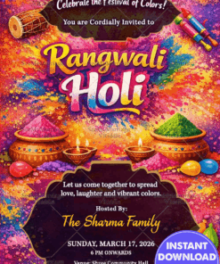 Joyful Rangwali Holi Invitation with Gulal Pots, Dhol Beats & Color Splash Festive Design