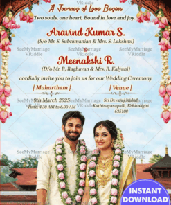 Kerala Wedding Invitation with Floral Arch, Temple Backdrop & Couple Portrait