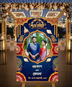 Mandala Accents Bengali Wedding Welcome Banner with Add Photo, Deep Blue Ornate Arch, Peacock & Conch Motifs