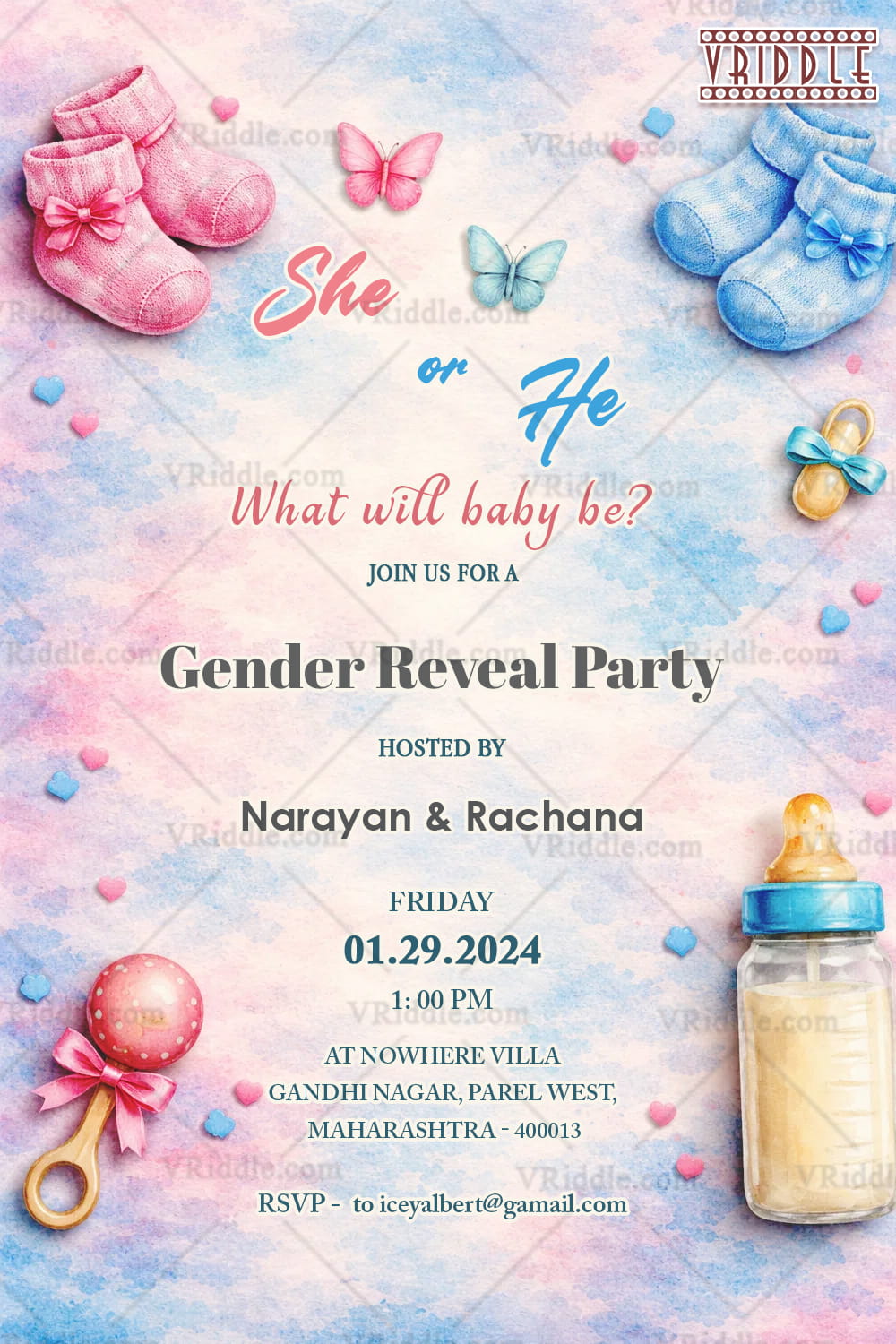 Pastel Gender Reveal Invitation with Baby Booties, Butterflies & Soft Watercolor Background - Image 2