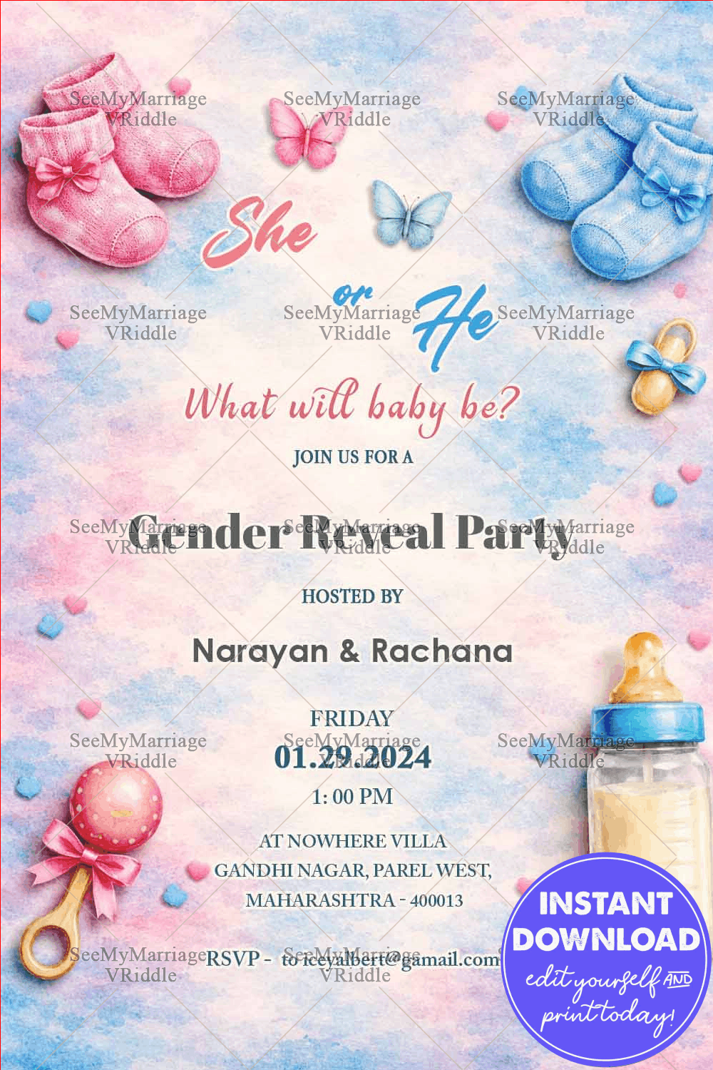 Pastel Gender Reveal Invitation with Baby Booties, Butterflies & Soft Watercolor Background