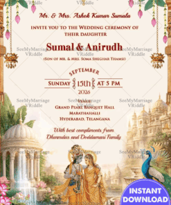 Radha–Krishna Inspired Wedding Invitation with Temple Architecture, Lotus Garden & Hanging Diyas