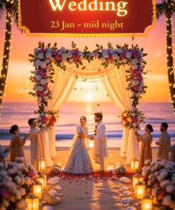 Romantic Beachside Wedding Invitation Video with Cartoon Couple and Ganesh Pujan, Mehndi, Sangeet, Haldi, Baarat