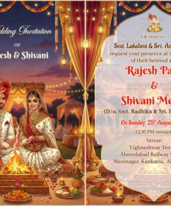 Two Fold Gujarati Wedding Invitation Card with Sacred Agni Ritual, Festive Lantern Lights and Traditional Indian Wedding Decor