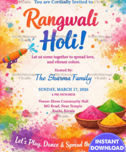 Vibrant Rangwali Holi Invitation with Color Splashes, Pichkari Fun & Festive Energy