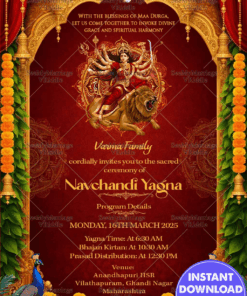 Navchandi Yagna Invitation Card with Goddess Durga on Lion, Golden Temple Arch, Marigold Garlands and Peacock Decorations