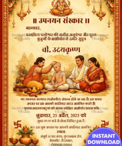 Hindi Upanayan Sanskar Invitation Card with Sacred Ritual Ceremony Illustration, Lord Ganesha Motif and Kalash Lamp Decorations