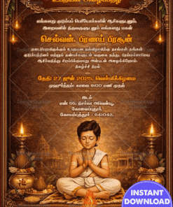 Upanayanam Tamil Invitation Card with Sacred Fire Ritual, Temple Background and Golden Lamp Decor