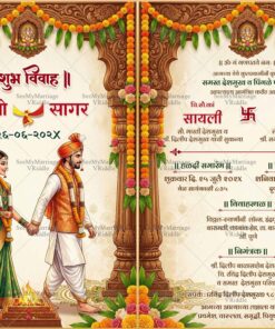 Two Leaf Marathi Couple Wedding Invitation with Traditional Attire, Ornate Pillar Mandap and Marigold Toran Decor