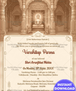 Lord Mahavir Varshitap Parna Invitation Card with Serene Jain Heritage Design and Ornate Temple Architecture in Warm Sepia Tones