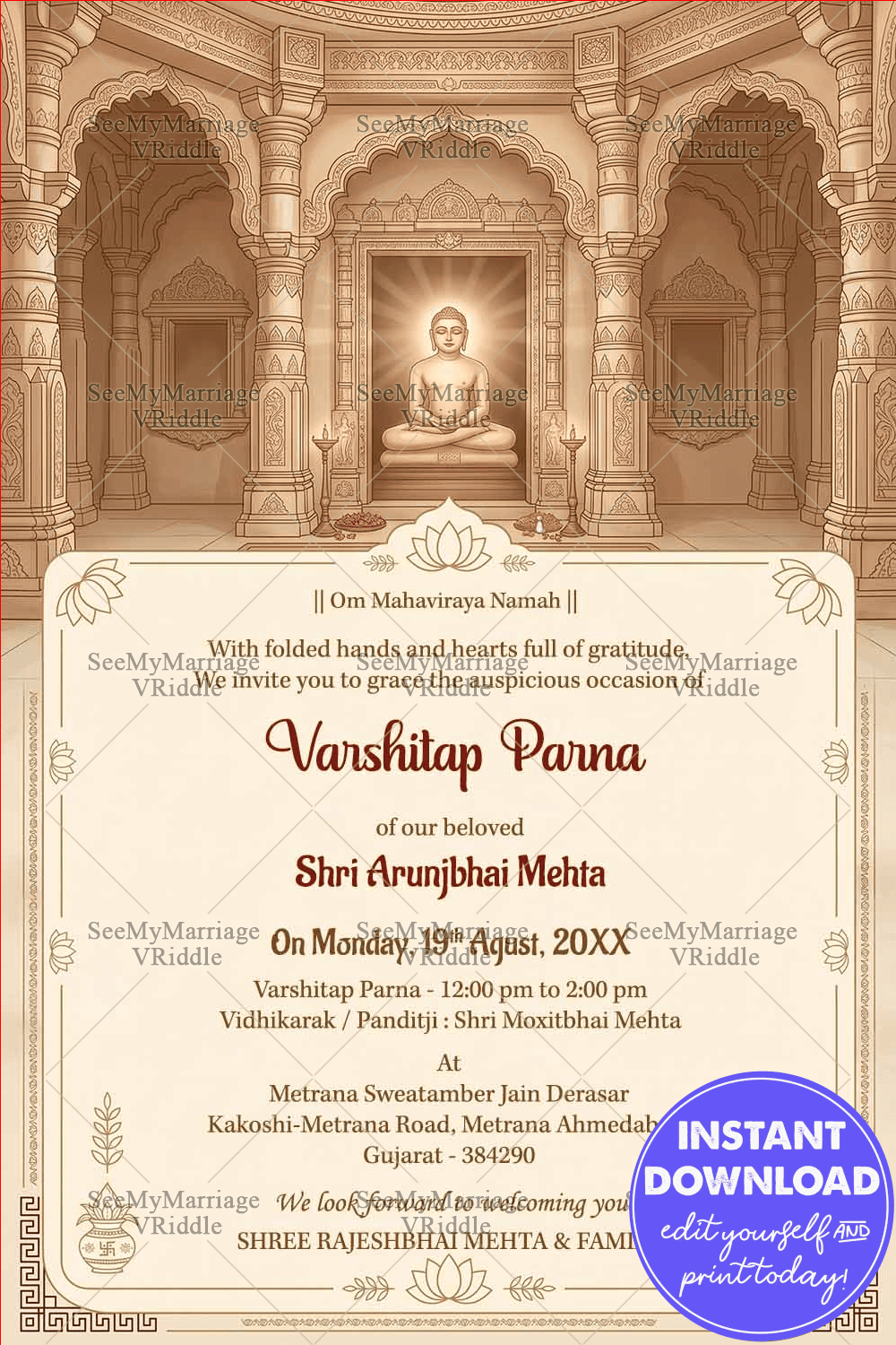 Lord Mahavir Varshitap Parna Invitation Card with Serene Jain Heritage Design and Ornate Temple Architecture in Warm Sepia Tones