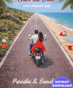 Beachside Save the Date Invitation with Endless Road Journey & Couple Illustration