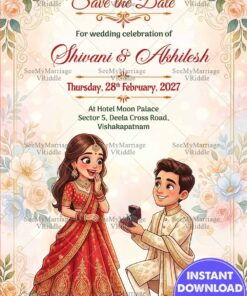 Cute Save the Date Wedding Invitation Card with Romantic Ring Proposal Scene Design, Floral Rose Border Frame and Traditional Lehenga Sherwani Attire
