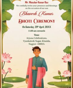 Lotus Pond Dhoti Ceremony Invitation Video with Young Boy in kurta and Green Leaves