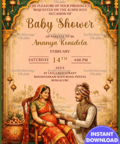 Marigold Garlands Rajasthani Baby Shower Invitation with Palace Arch & Traditional Couple Illustration