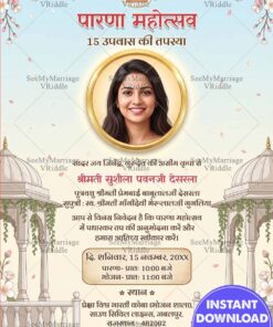 Pastel Bg Hindi Parna Mahotsav Invitation with Add Photo, Jain Temple Arches and Floral Blossoms