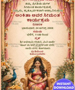 Peacock-Inspired Kannada Baby Shower, Seemantha Invitation with Floral Drapes & Golden Throne Traditional Design