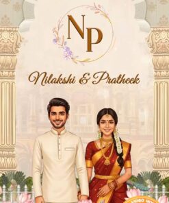 South Indian Caricature Wedding Invitation Video with Temple Arch Pillars BG, Traditional Couple Illustration in Kanjeevaram Saree and Veshti, Lotus Floral Foreground
