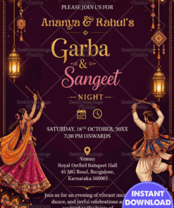 Garba & Sangeet Night Invitation Card with Festive Dandiya Dancers, Hanging Lanterns, String Lights and Ornamental Mandala Design