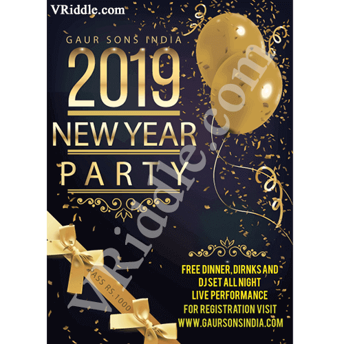 Black and Golden Theme Balloons, Ribbons Decorated New Year Party Celebration Invitation Flyer for Businesses