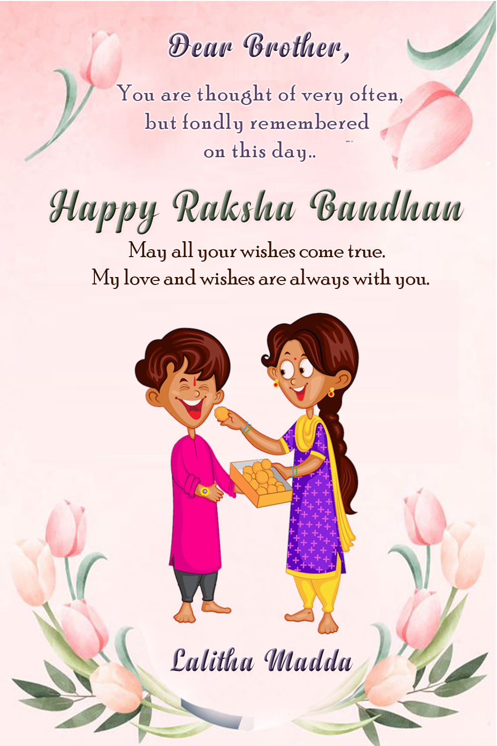 Cartoon Pink Roses Raksha Bandhan Greetings, Wishes Card, Rakhi - Image 2