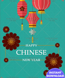 Blue Theme Chinese New Year greeting card With hanging lanterns hanging