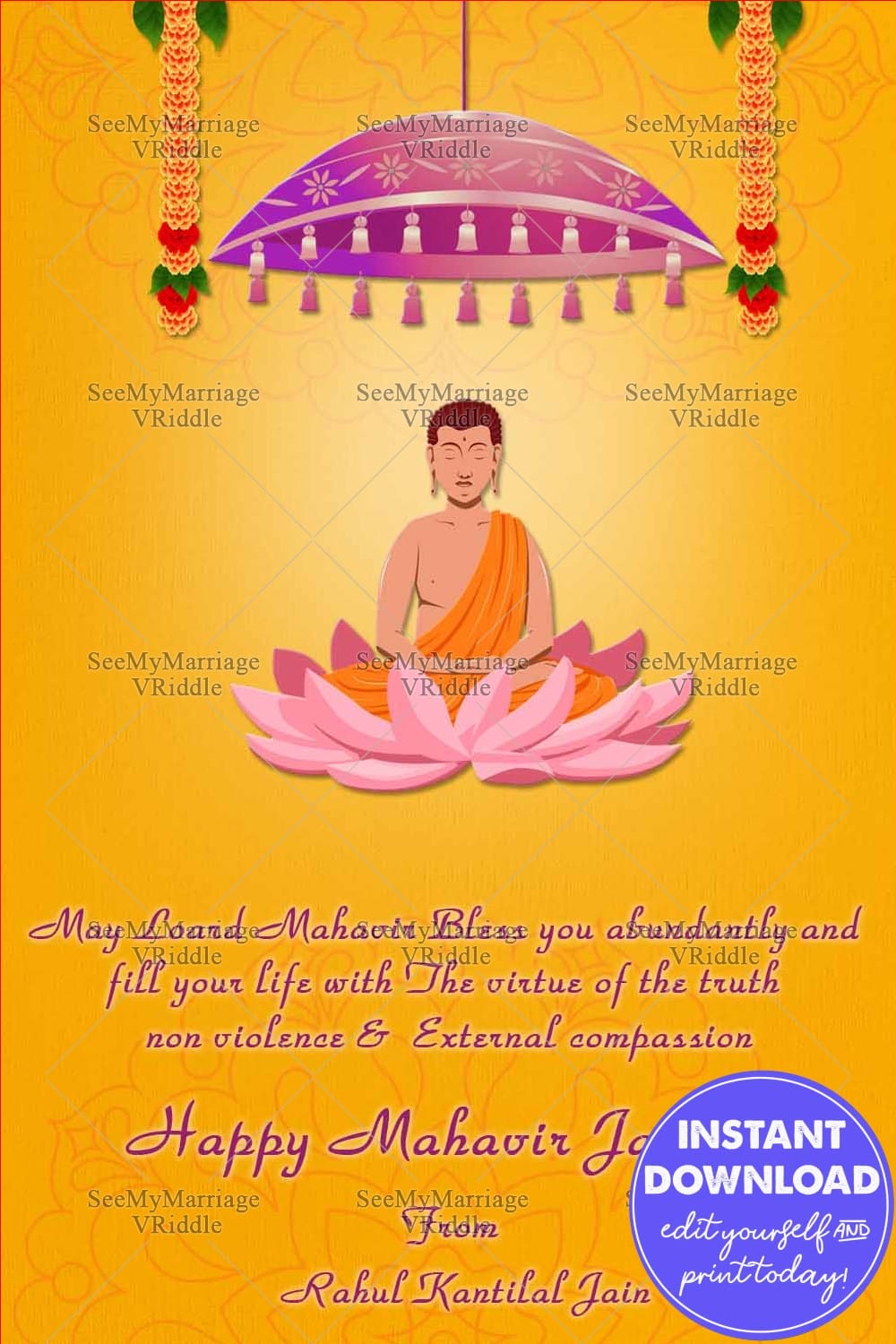 Create Golden Yellow Theme Mahavir Jayanthi Greeting Card