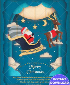 Paper Art 3d Christmas Santa Claus With Flying Reindeers Greeting Card