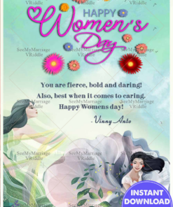 A Vibrant Women's Day Greeting Card Featuring a Joyful Dancing Girl on a Light Green Background